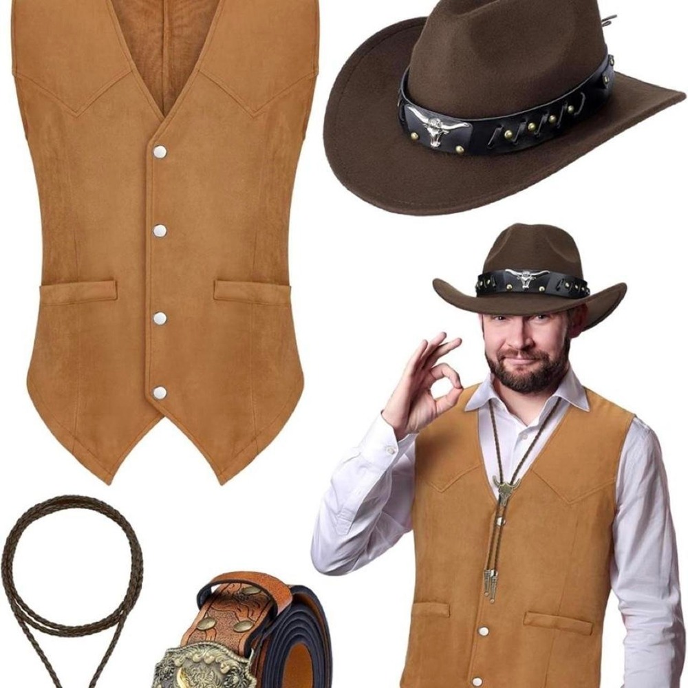 Mens Brown Faux Suede Cowboy Costume Vest Hat Belt Bolo Tie XXL 4 Piece
